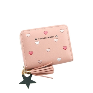 Close-up of pink heart embroidery and Forever Memory text on a women's mini wallet