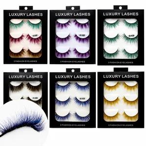 Close-up of vibrant colored eyelash sets including purple blue and green styles