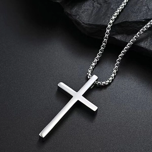 Polished silver stainless steel cross pendant necklace for men with long chain