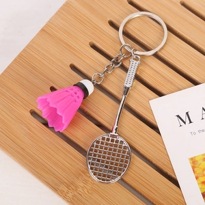 Pink badminton and silver racket metal keychain sports souvenir pendant for bags