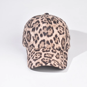 Detailed close-up of the leopard print pattern on a high-quality knit baseball cap surface