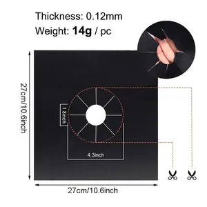 Detailed specs of black 27cm square Teflon gas stove protector with 0.12mm thickness