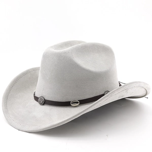 Detail of light gray cowboy hat featuring wool felt texture and concho leather band