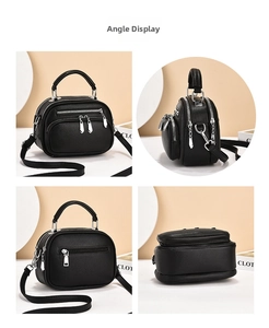 Multi-angle view of black litchi grain crossbody bag with layered zipper compartments