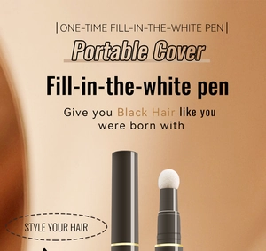 Detailed view of portable black hair touch-up pen for covering gray hair roots and styling