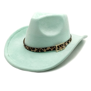 Detail of mint green suede cowboy hat with leopard print band and gold buckle