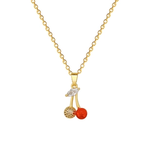 Titanium steel necklace with gold cherry pendant featuring red beads and sparkling crystals