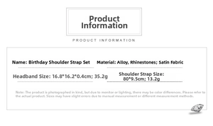 Size specifications for Birthday Sash Set including alloy rhinestone tiara and satin fabric sash