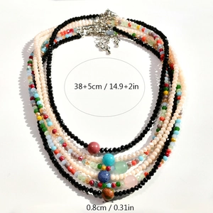 Detail view of colorful beaded necklace with dimensions showing 38+5cm length and 0.8cm beads
