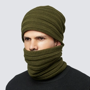 Army green knitted winter set for men and women featuring a warm beanie hat and neck warmer scarf