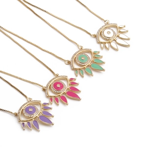 Golden evil eye necklaces with colorful enamel pendants and zircon accents for women