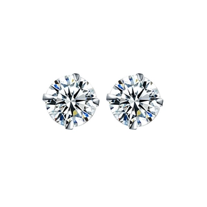 Classic round brilliant-cut clear zircon stud earrings with silver four-claw setting