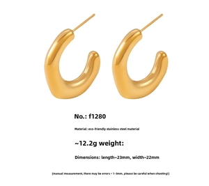 Detail view of gold-plated stainless steel C-shape irregular drop earrings 23x22mm