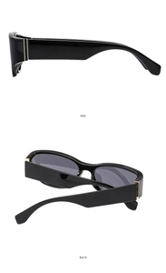 Side and back view of rectangular black sunglasses with golden metal hinge accents