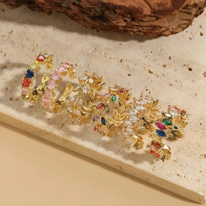 Bague Ouverte Ajustable Branche De Feuille Zirconium Coloré Marquise Cuivre Plaqué Or 14K Pour Femme Élégant