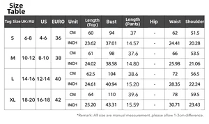 Size chart showing UK, US, and EU measurements for women's casual short sleeve suit set