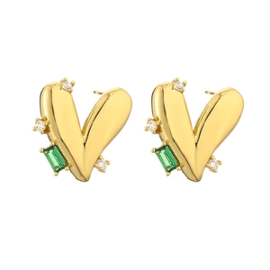 Polished gold heart-shaped earrings with micro-pave clear and green gemstones