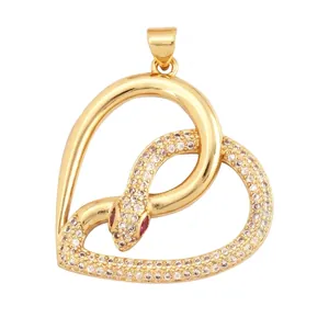 Detail of 30x35mm gold-plated heart pendant with snake wrap and white zircon inlay