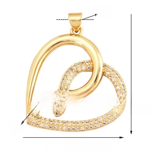 Detail of 30x35mm gold-plated heart pendant with snake wrap and white zircon inlay