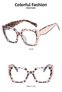 Detailed side and front view of cat-eye tortoiseshell frames with pink modular accents