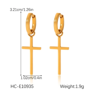 Detailed view of gold cross drop earrings with precise dimensions 3.21cm and 1.9g weight