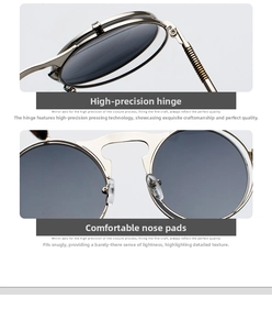Detail view of high-precision metal hinges and soft silicone nose pads of steampunk sunglasses