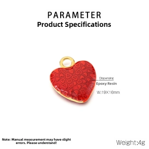 Detailed view of red enamel heart pendant with 19x16mm size and gold ring connector