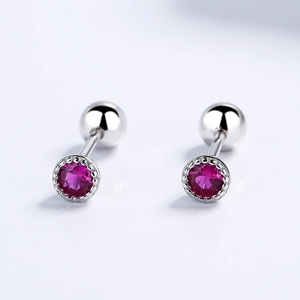 Pair of minimalist round pink zircon screw back stud earrings in silver finish