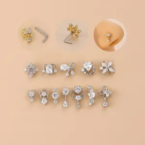 L-shaped surgical steel nose studs set featuring heart and floral zircon designs