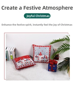 Detail view of red and grey Christmas pillow covers with reindeer and Santa gnome patterns