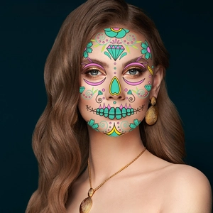 Detailed Day of the Dead face tattoo with colorful skull and floral patterns on a model