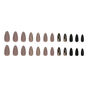 Elegant 24pcs almond press-on nails with matte brown, black, and gold glitter line designs