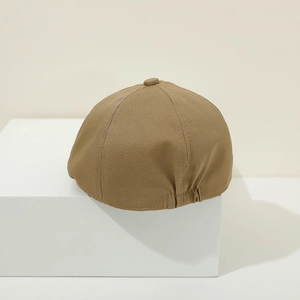 Khaki cotton beret for babies with adjustable elastic back and stitched panel design