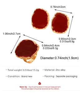 Detailed size specifications for vintage red enamel earrings and ring jewelry set