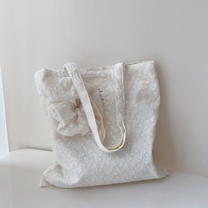 French Retro Lace Embroidery Cotton Canvas Shoulder Tote Bag Floral Elegant Minimalist Women Handbag Cream Beige