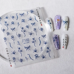 5D Relief Nail Stickers Adhesive Chinese Style Ink Blue Flower Butterfly Calligraphy PET Material DIY Nail Art Decoration