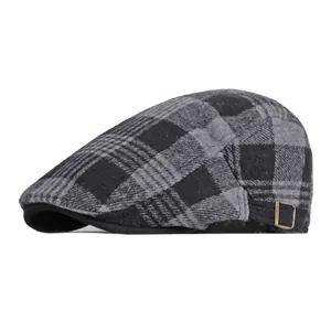 British style wool plaid beret in dark grey and black with metal adjustment buckle
