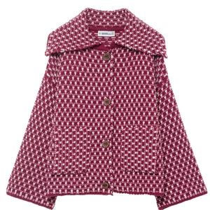 Damen Strickjacke mit rot-weißem geometrischem Muster und klassischen Knöpfen