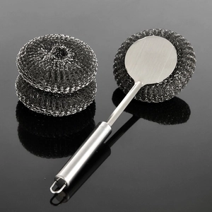 Long handle stainless steel kitchen cleaning brush with two replaceable wire ball scrubbers