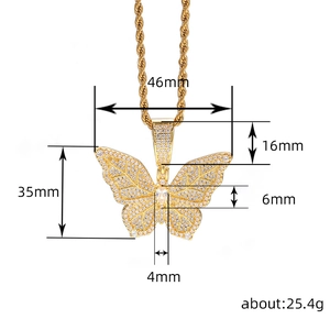 Hip hop butterfly pendant necklace with crystal diamonds and detailed dimensions
