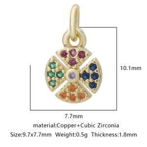 Macro view of gold round fan pendant with multicolor cubic zirconia 9.7x7.7mm size