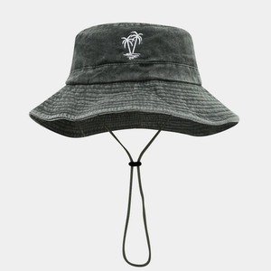Dark gray washed cotton bucket hat with white coconut tree embroidery and adjustable chin cord