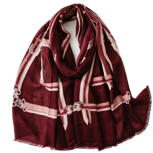 Dark red cotton-linen scarf with light pink belt buckle chain pattern and tassels