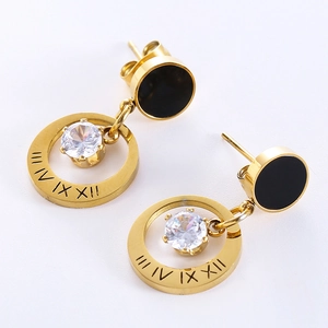 Stainless Steel Stud Earrings With Roman Numeral Hoop Cubic Zirconia 18K Gold Plated Elegant Jewelry For Women