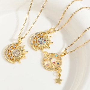 Celestial Sun Moon Planet Pendant Necklace 14K Gold Plated Copper Colorful Zirconia Jewelry For Women Minimalist Boho