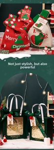 Detailed view of Christmas knit gift bags and festive green paper gift boxes with ribbons