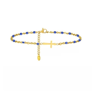 Elegant gold-plated chain bracelet with blue beads and a central cross pendant