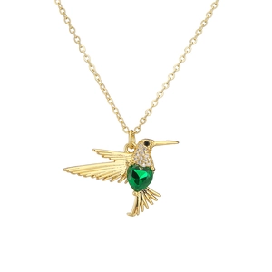 Hummingbird pendant necklace in 18K gold plated copper with green heart-shaped gemstone