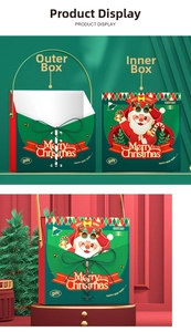 Detail of Christmas gift box set with Santa Claus pattern and green ribbon bow