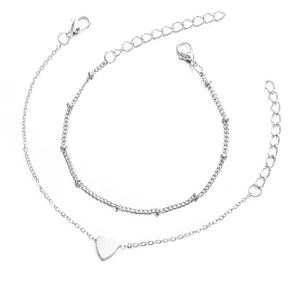 Bohemian silver tone heart pendant and bead chain bracelet set with adjustable lobster clasp